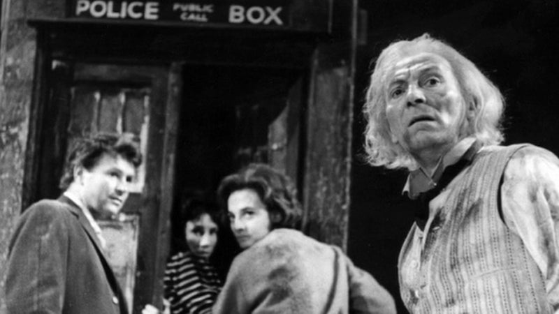 The original TARDIS team: The First Doctor, Barbara, Susan, and Ian.