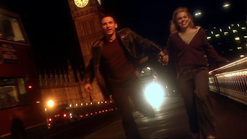The Ninth Doctor and Rose run across Westminster Bridge in the very first episode of Doctor Who’s modern era.