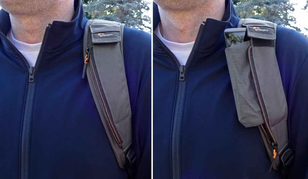 A fold-away pouch on the Urbex’s shoulder strap keeps your smartphone always close at hand. (Image: Andrew Liszewski/Gizmodo)