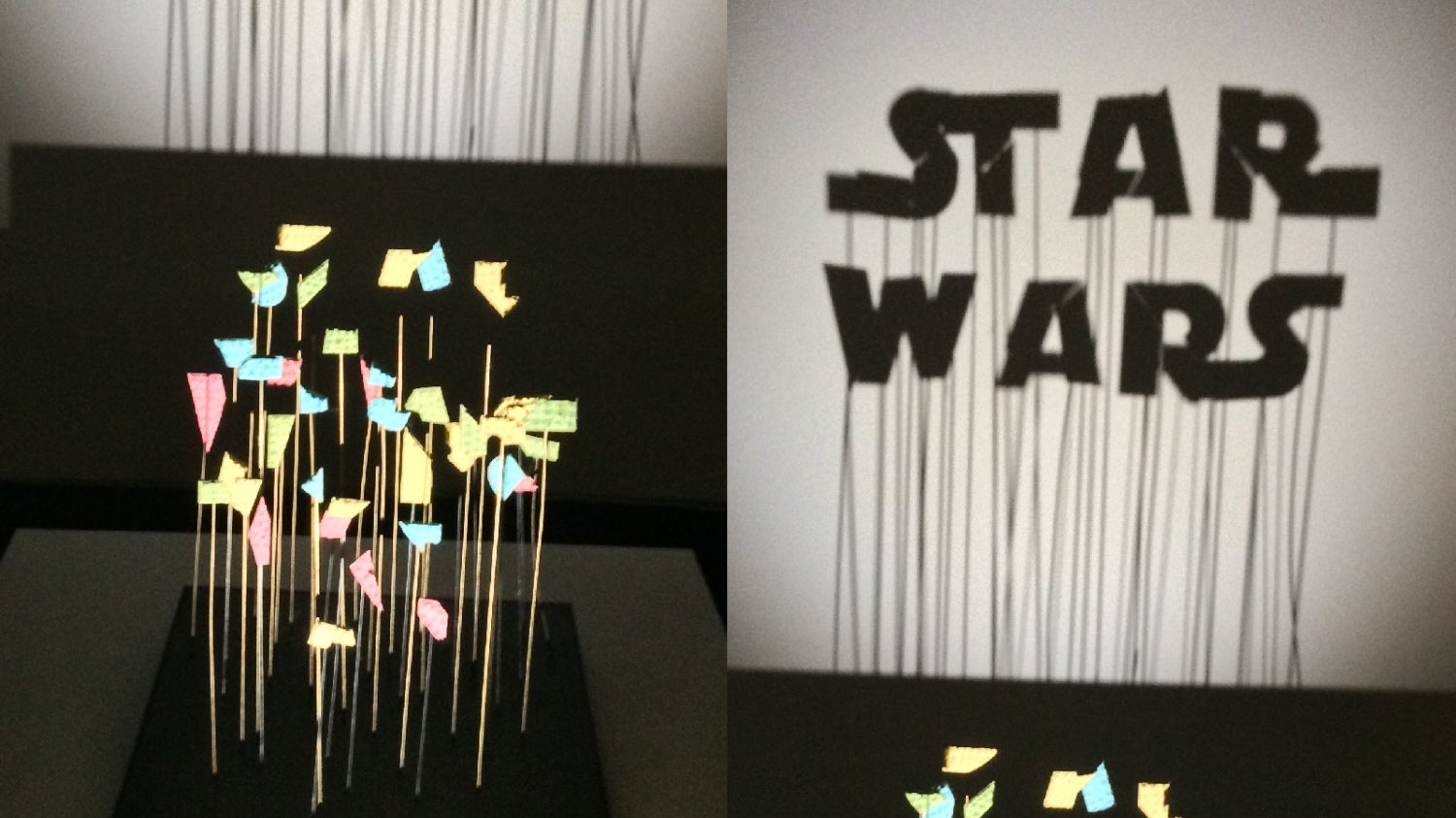 Why yes, that is a Star Wars logo made from pieces of perfectly coordinated trash on sticks in  artist “Red” Hong Yi’s work.