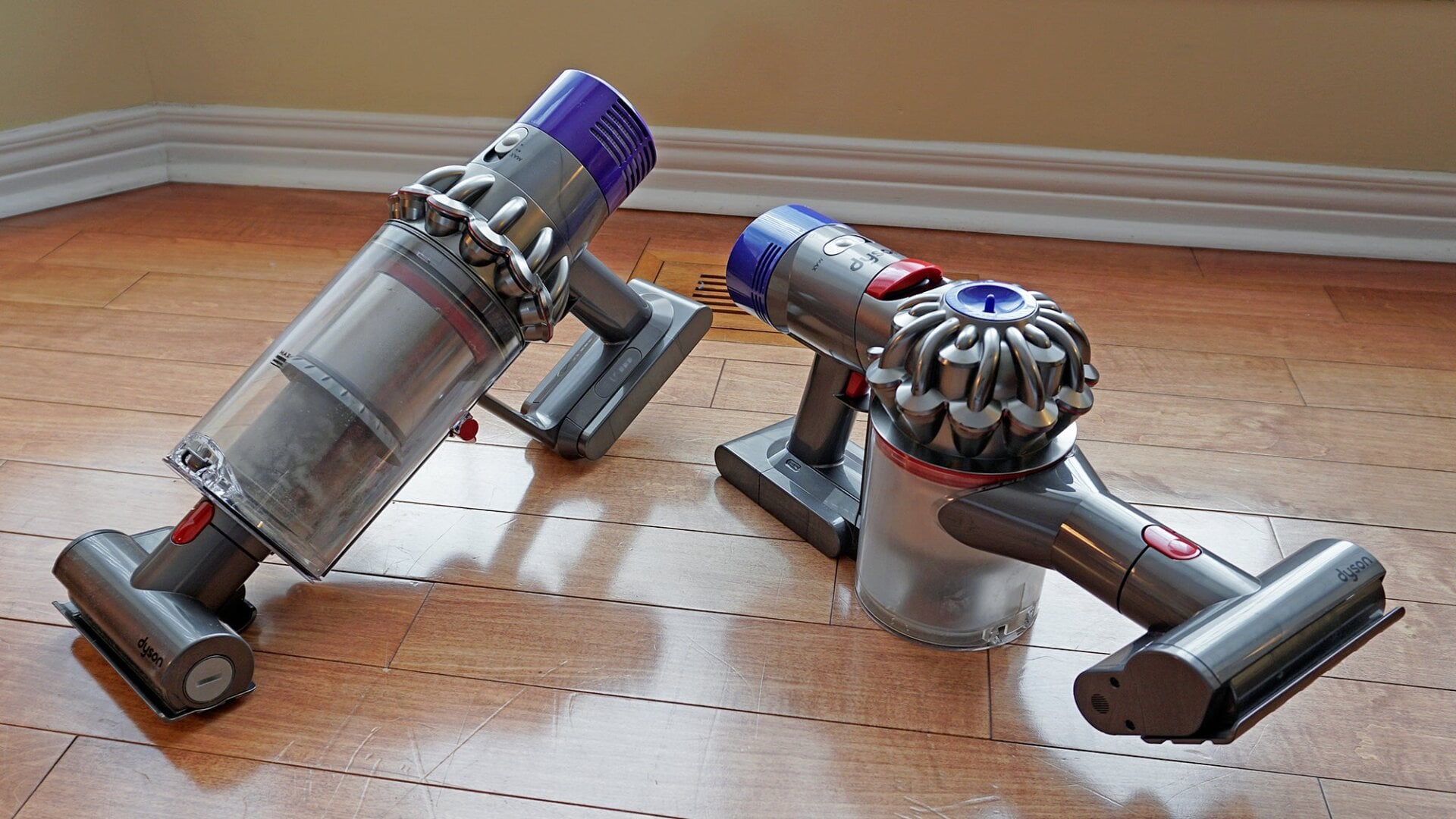 The new Dyson Cyclone V10 (left) compared to its predecessor, the Dyson V8 (right).