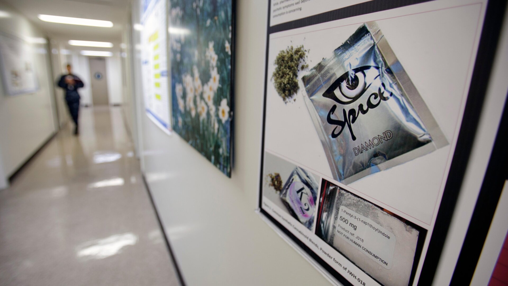 In a photo taken Tuesday, Dec. 6, 2011, a poster warning of the effects of the drug known as ‘spice’ hangs on a wall at the Naval Hospital, in San Diego.