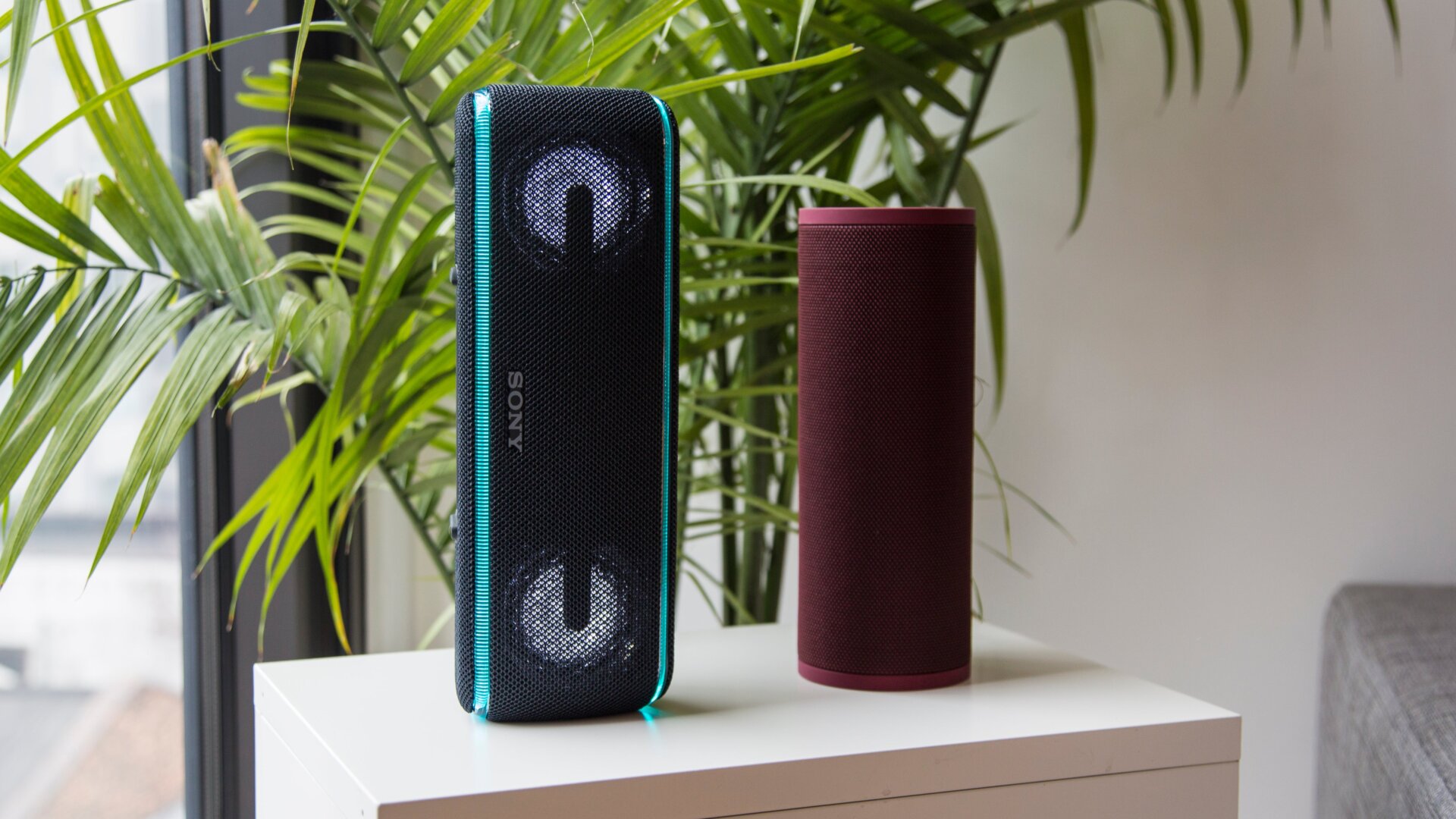 The XB41 standing awkwardly vertically next to the UE Megablast which will only stand vertically