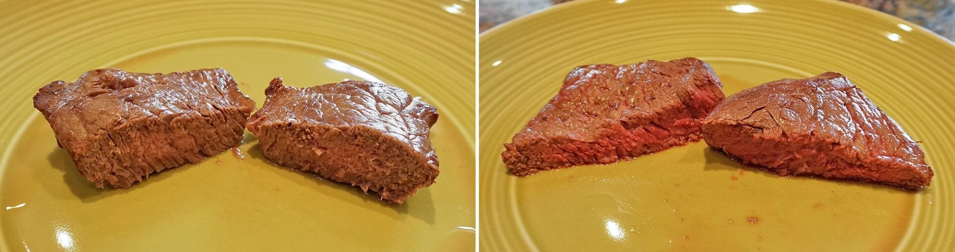 Well-done results (left) took about ten minutes of broiling, while a rarer steak (right) required just five minutes in the oven.