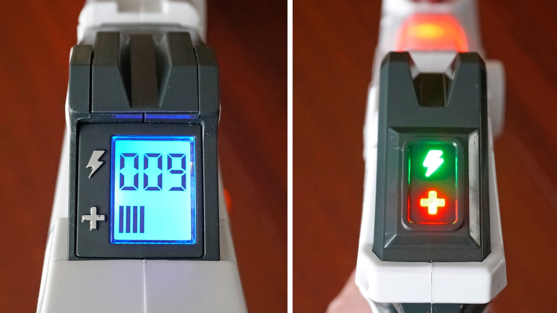 The Deltaburst rifle (left) uses an actual LCD screen for ammo and health levels, while the Alphapoint (right) uses color-changing icons.