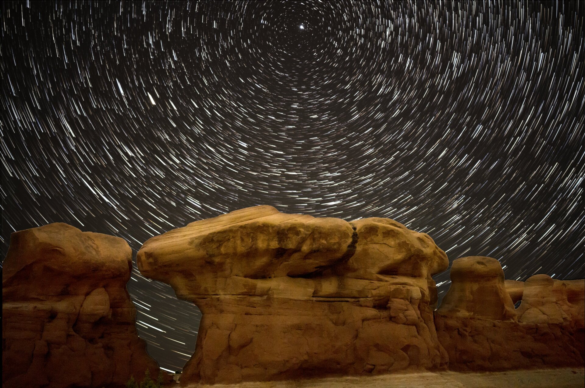 Not bad for twenty minutes of shooting, but I was hoping for the full circle of star trails. For some reason the intervalometer shut off about 2.5 hours early. This was my first attempt at star trails, though, so I’m happy. Background: 32 stacked images set to 30 seconds at f/1.8, ISO 2000. Foreground: Single image before the moon set, 30 seconds at f/1.8, ISO 6400.