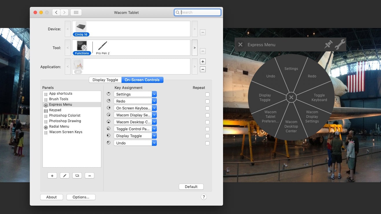 An easy-access software Express Menu isn’t the perfect compromise to having physical shortcut buttons right on the Cintiq 16, but it’s functional.