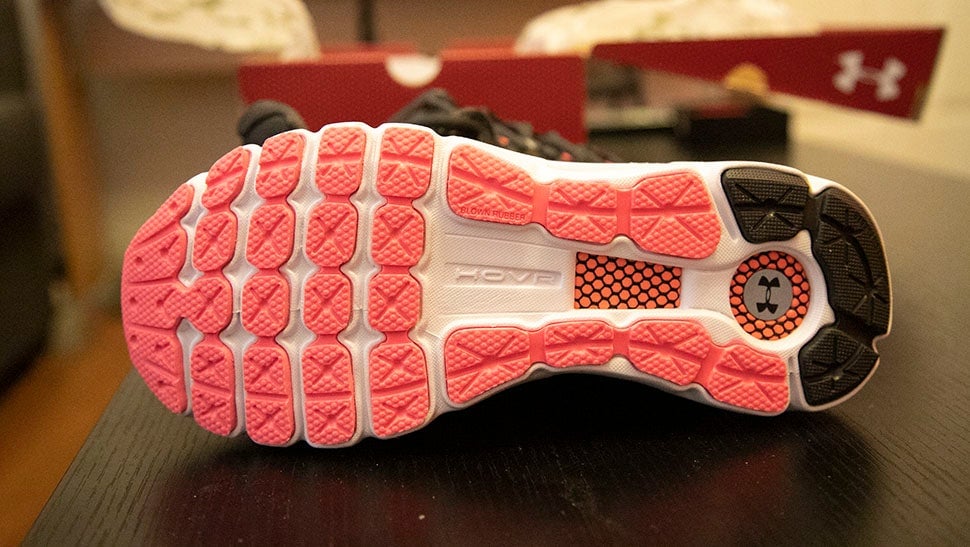 The “deep flex grooves” and carbon rubber heel give the HOVR Infinite a springy feel when running.