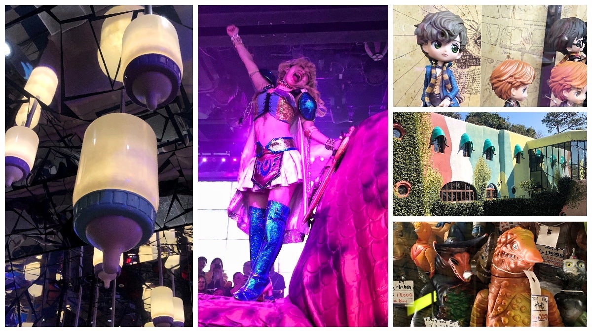 Clockwise from left: Kawaii Monster Cafe, Robot Restaurant, a Newt Scamander figurine, Ghibli Museum, and awesome monsters.