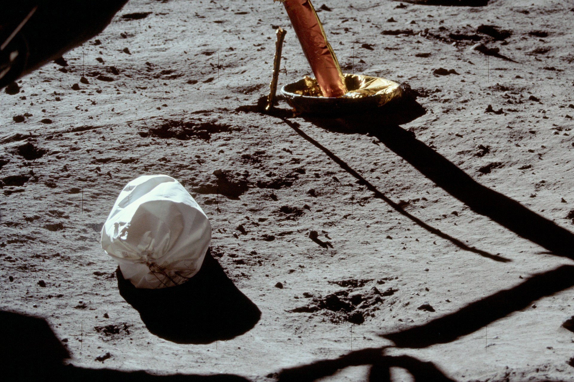 One of the trash bags filled with piss and shit that was left on the moon, in a photo taken by astronaut Neil Armstrong on July 20, 1969