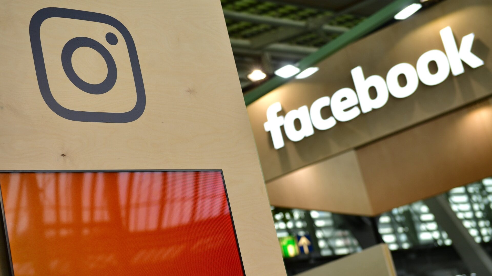 Facebook and Instagram logos on display at the 2018 CeBIT technology trade fair in Hanover, Germany.