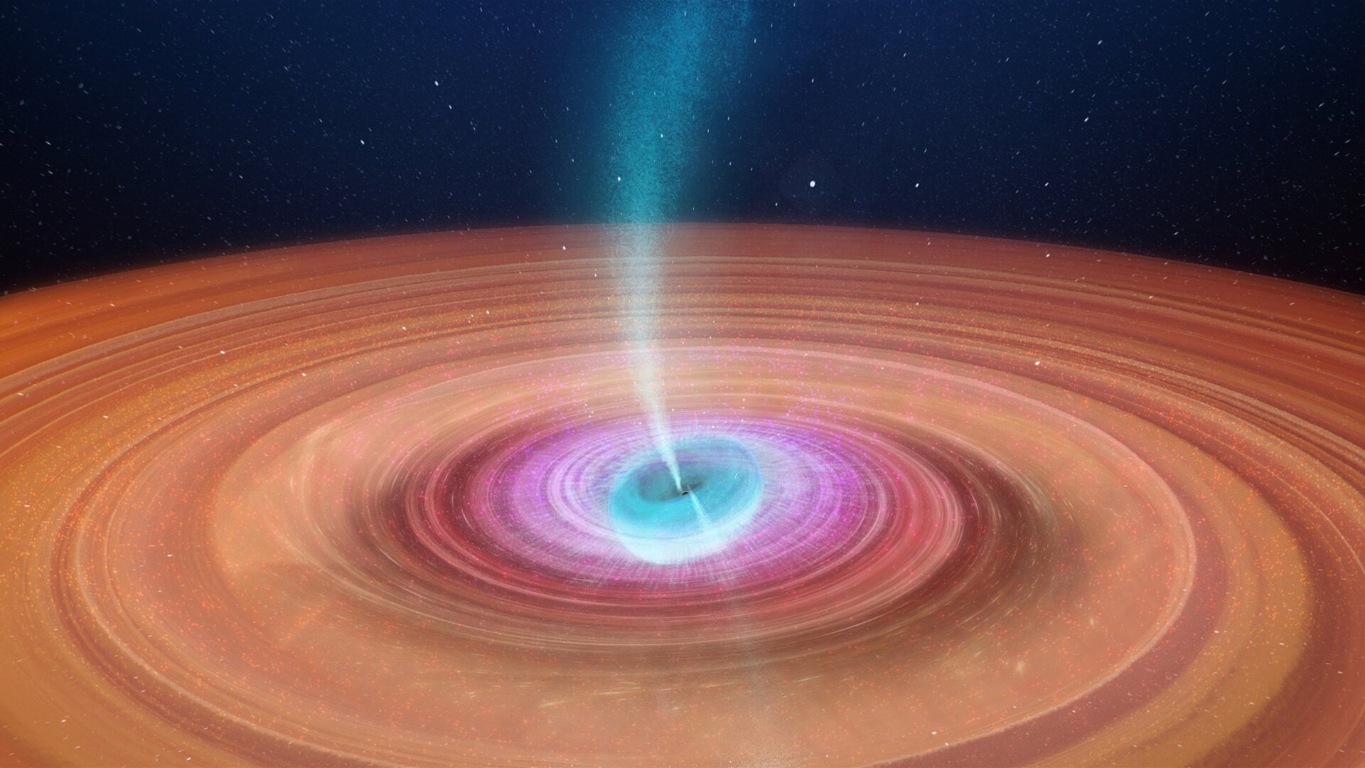 An artist’s impression of V404 Cygni rotating off-axis from the disk of material that surrounds it.