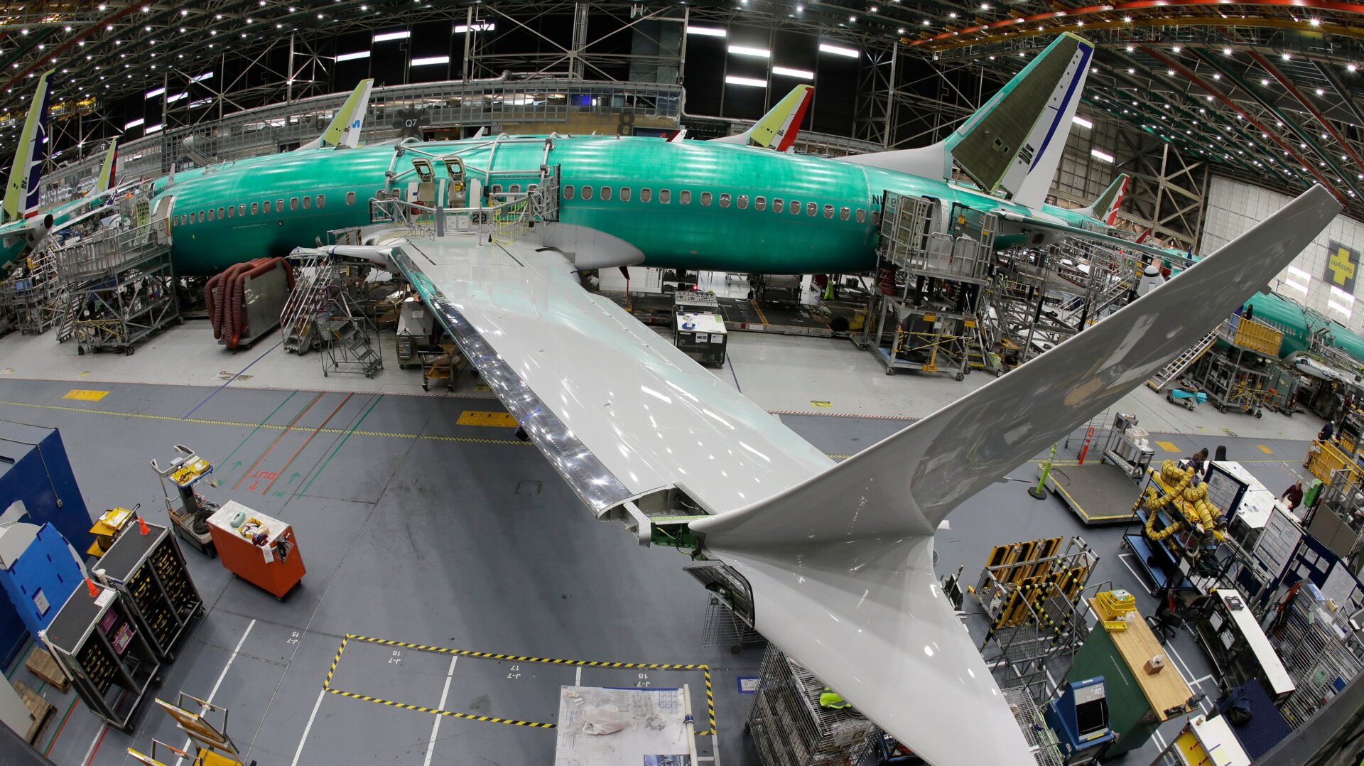 A Boeing 737 MAX 8 jet being assembled at a company facility in Renton, Washington, on March 27, 2019.