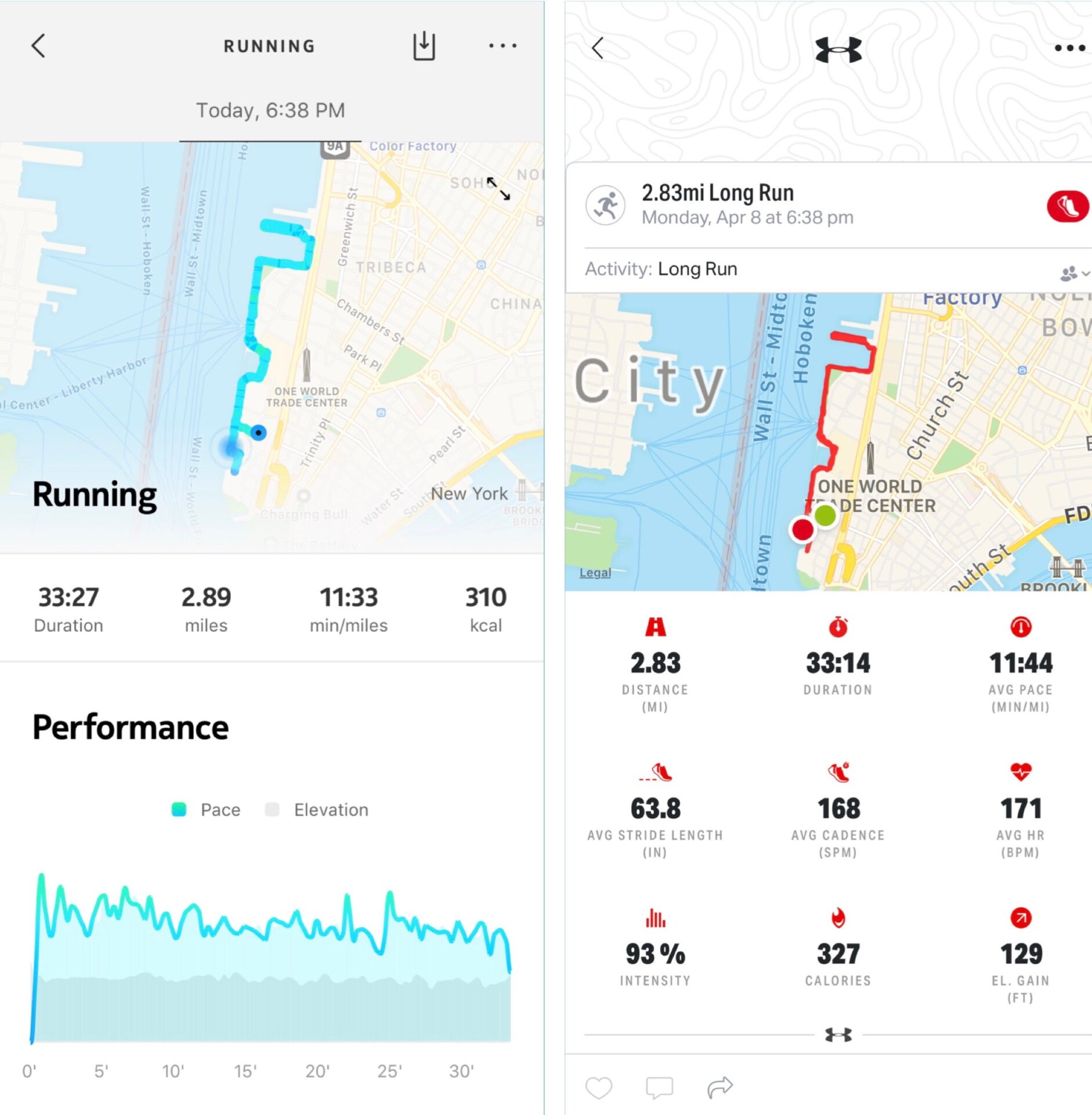 The Health Mate app (left) will get you more simplified workout details than a more dedicated fitness app like Map My Run.