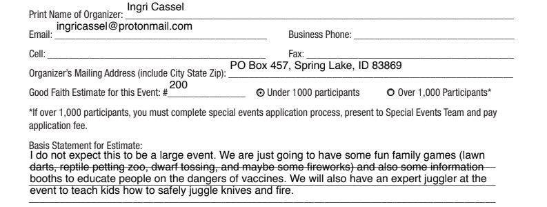Screenshot: special events application, City of Boise Parks and Recreation Department