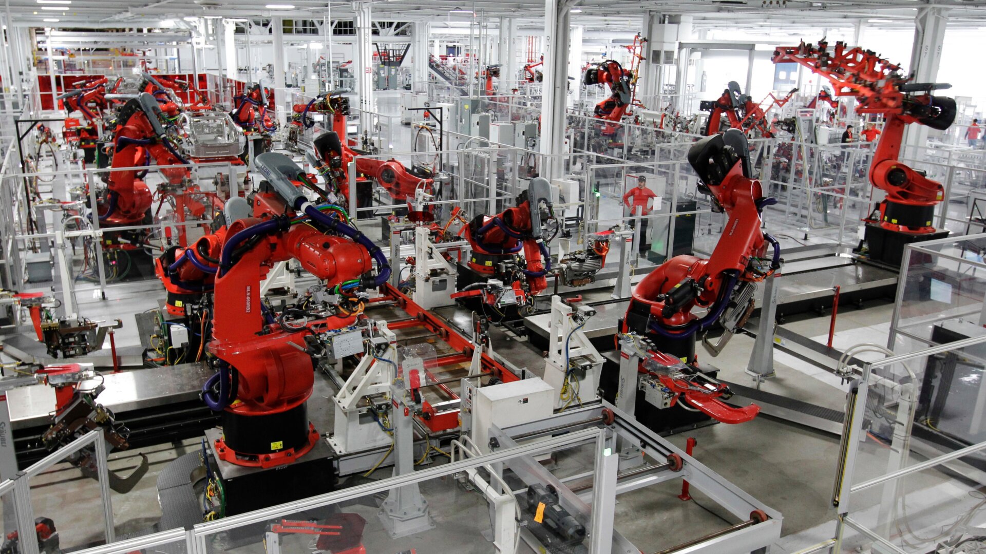 Robots on the Tesla Model S production line at Tesla’s Fremont, California production facility, 2012.