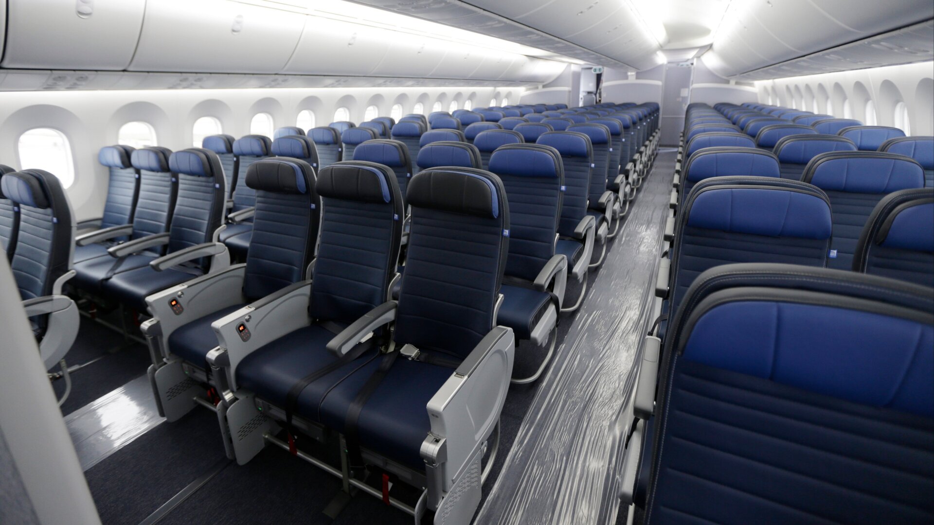 Economy class seating is shown on a new United Airlines Boeing 787-9 undergoing final configuration and maintenance work at Seattle-Tacoma International Airport in Seattle.