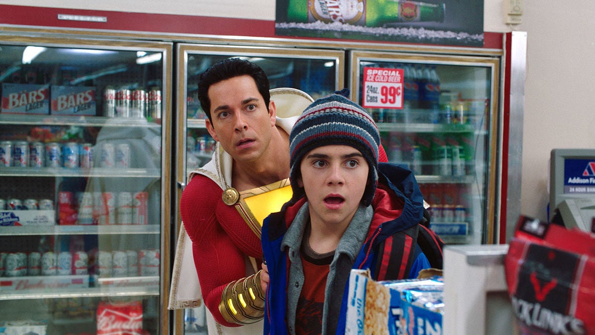 Shazam and Freddy witnessing a robbery.