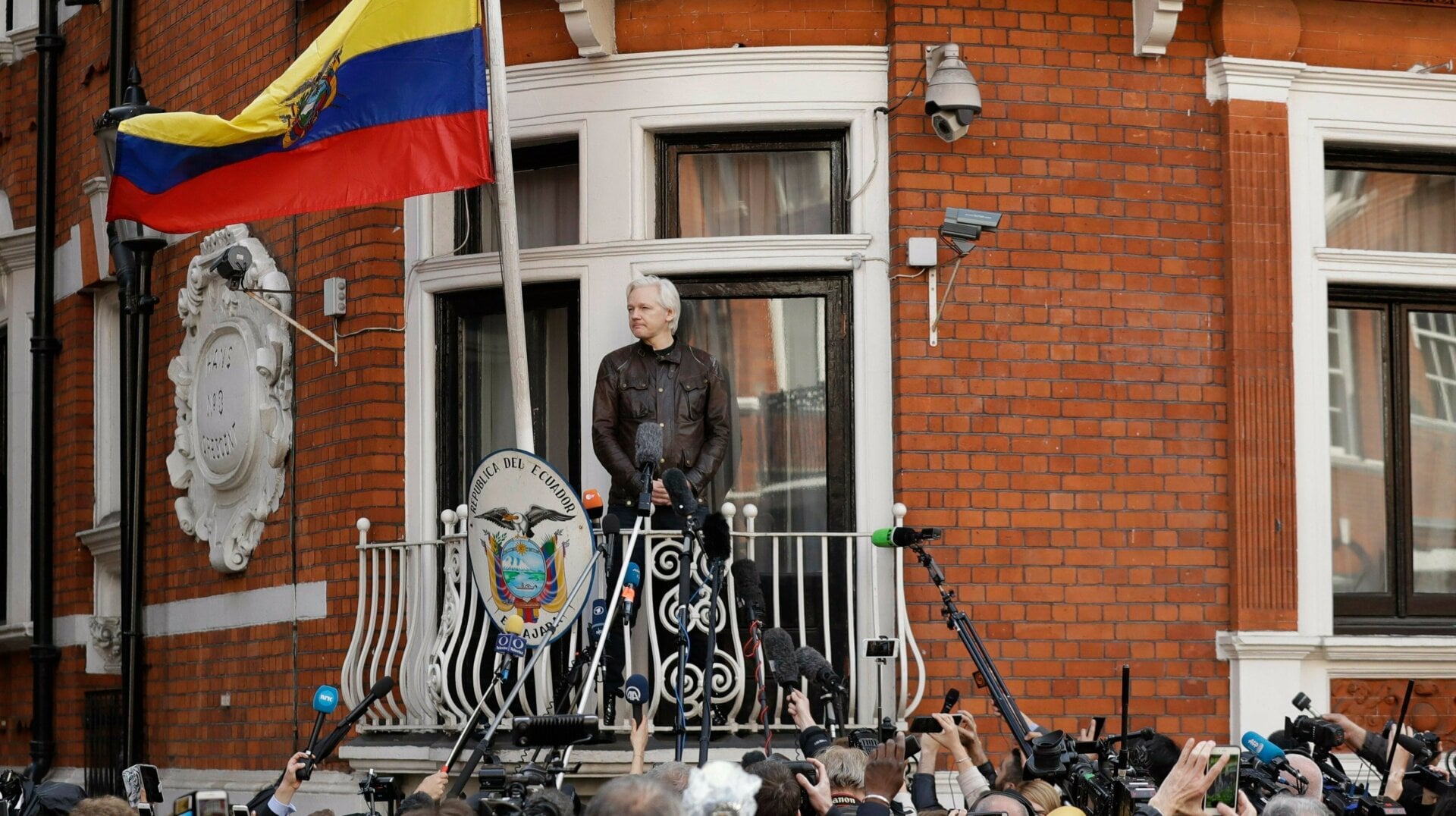 Assange at the Ecuadorian embassy in London, 2017.