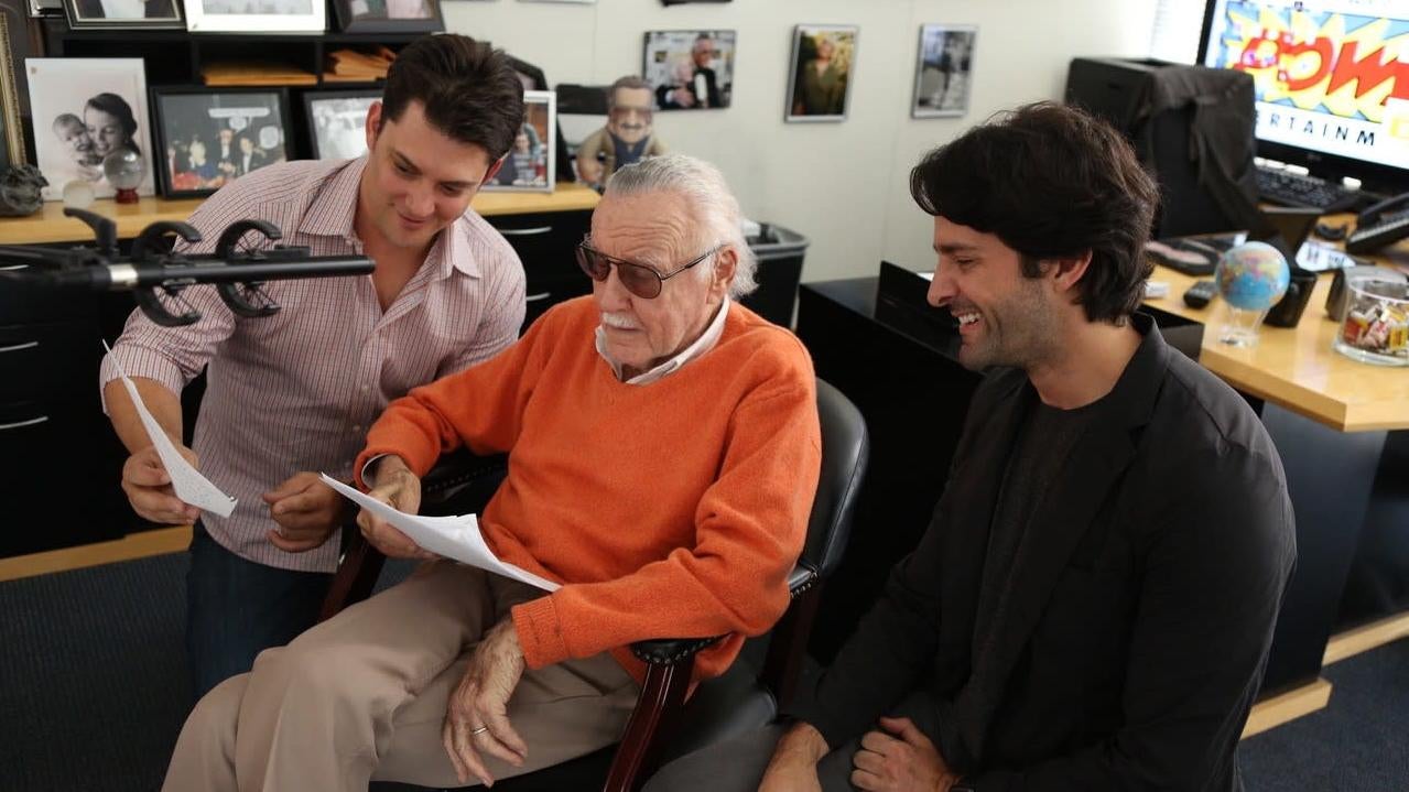 From left: Luke Lieberman, Stan Lee, and Ryan Silbert recording audio for Alliances: A Trick of Light.