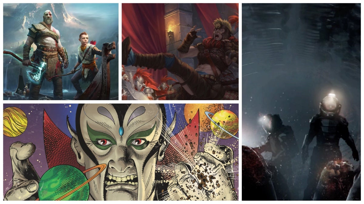 From left: God of War: The Card Game, Pathfinder’s new expansion, Alien: The Roleplaying Game, and the latest Choose Your Own Adventure game.