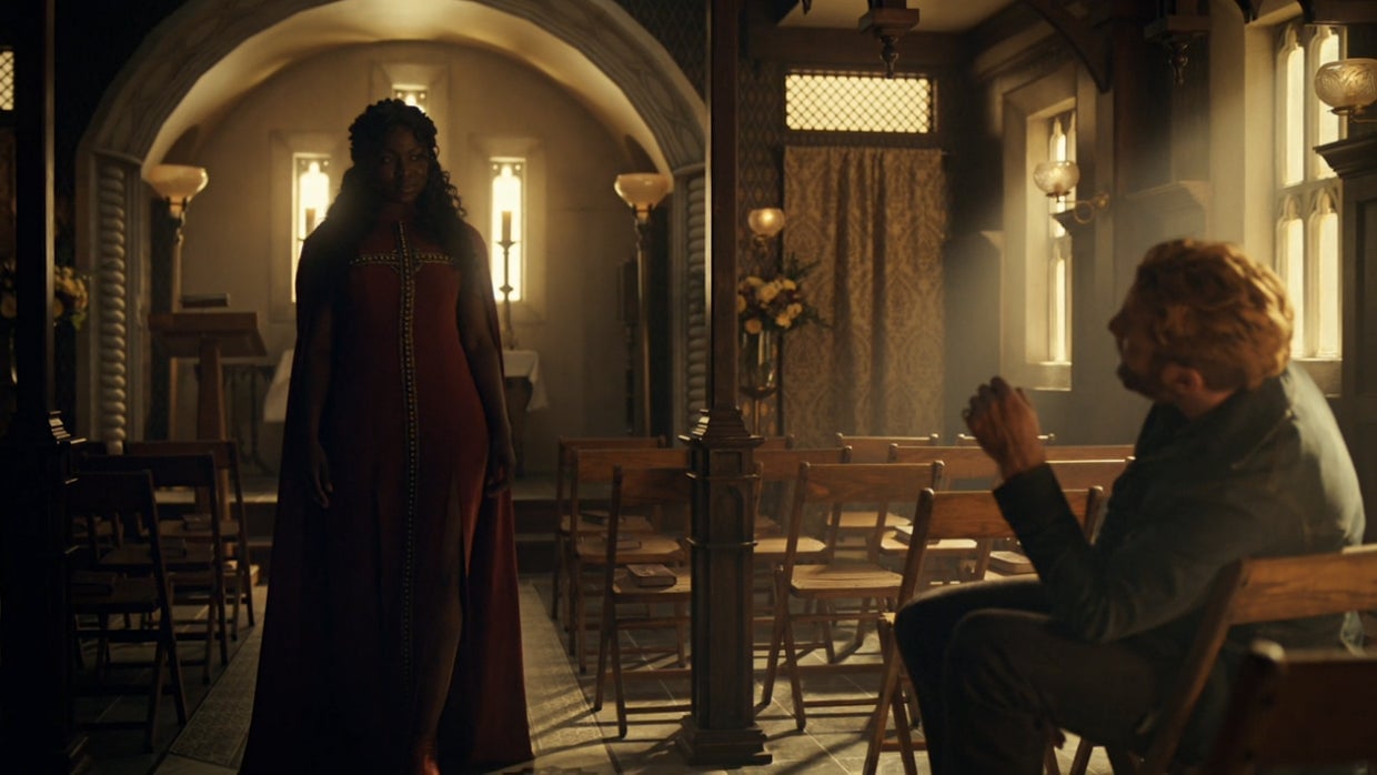 Bilquis and Mad Sweeney having a chat.