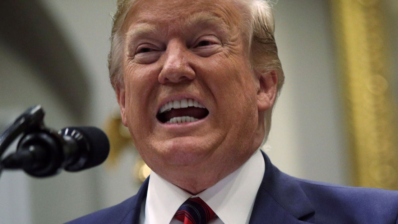 White supremacist president Donald Trump in the Roosevelt Room of the White House on May 9, 2019