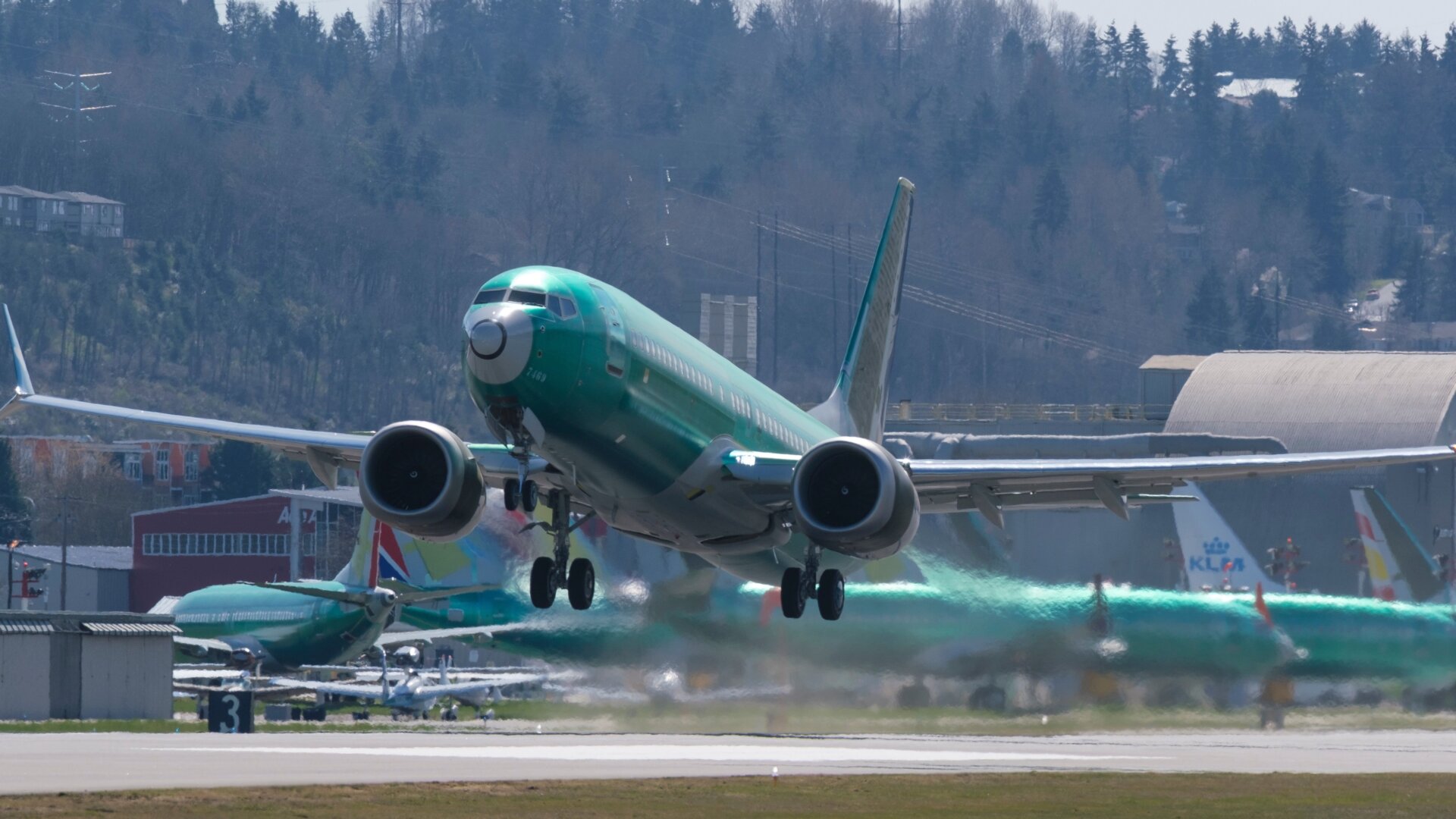 A Boeing 737 Max 8 airliner leaves Renton Municipal Airport near Boeing’s production facility in Renton, Washington, in March 2019.