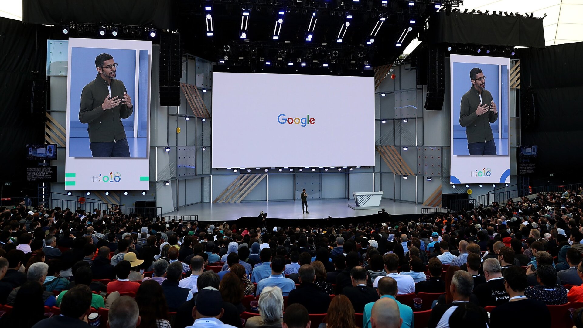 Google CEO Sundar Pichai delivering last year’s Google I/O keynote