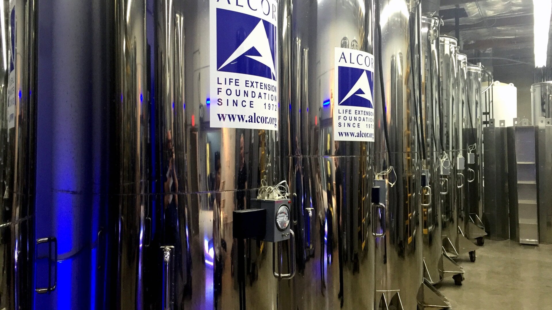 A row of dewars in Alcor’s Patient Care Bay.