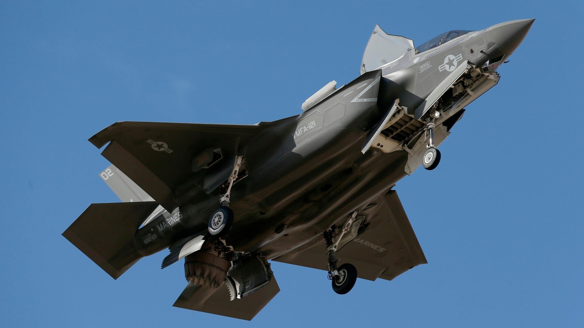 An F-35B fighter jet landing at Luke Air Force Base near Goodyear, Arizona in 2013.