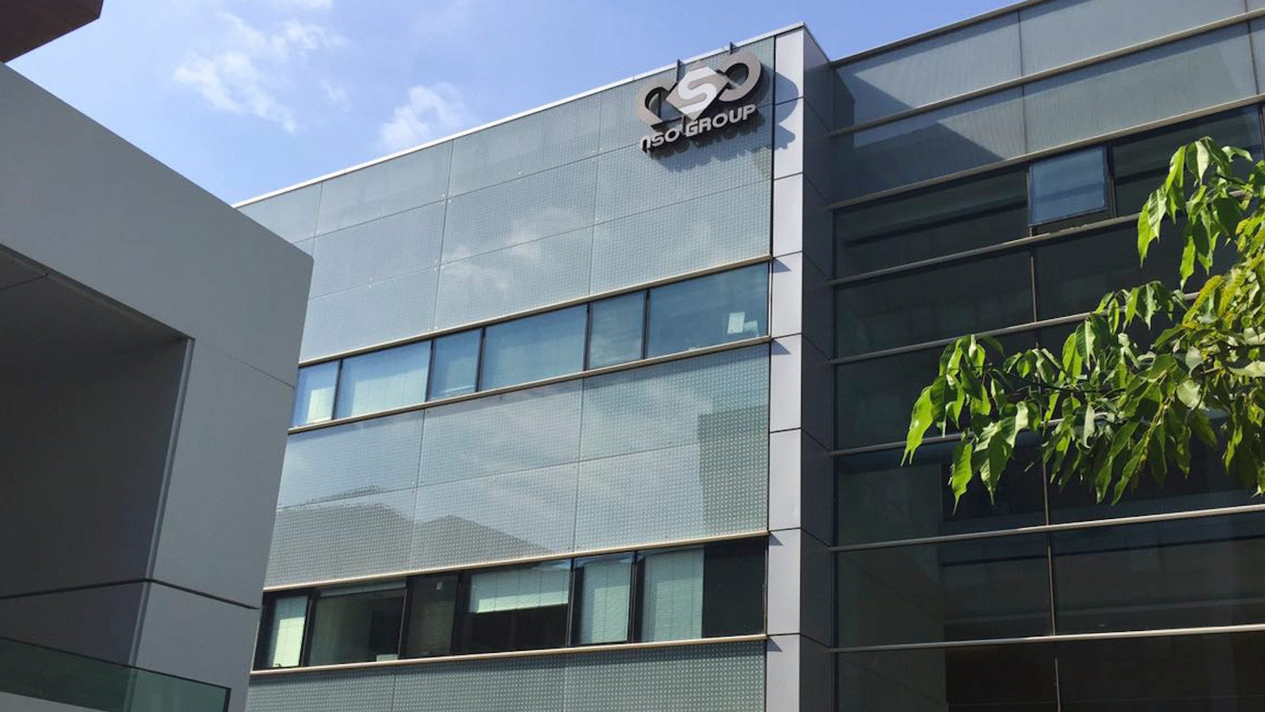 NSO Group’s logo on the side of a building in Herzliya, Israel in 2016.