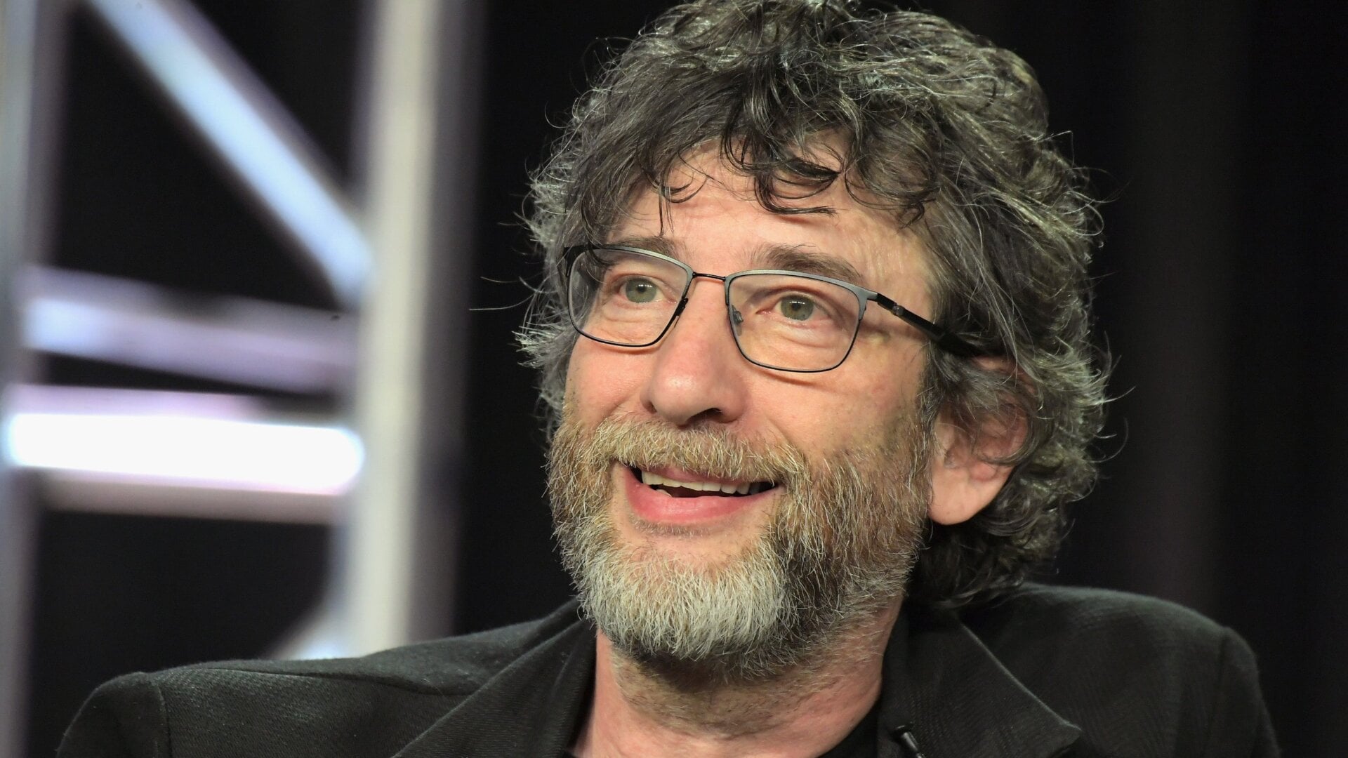 Neil Gaiman at Starz’s Good Omens panel during the 2019 winter Television Critics Association tour.
