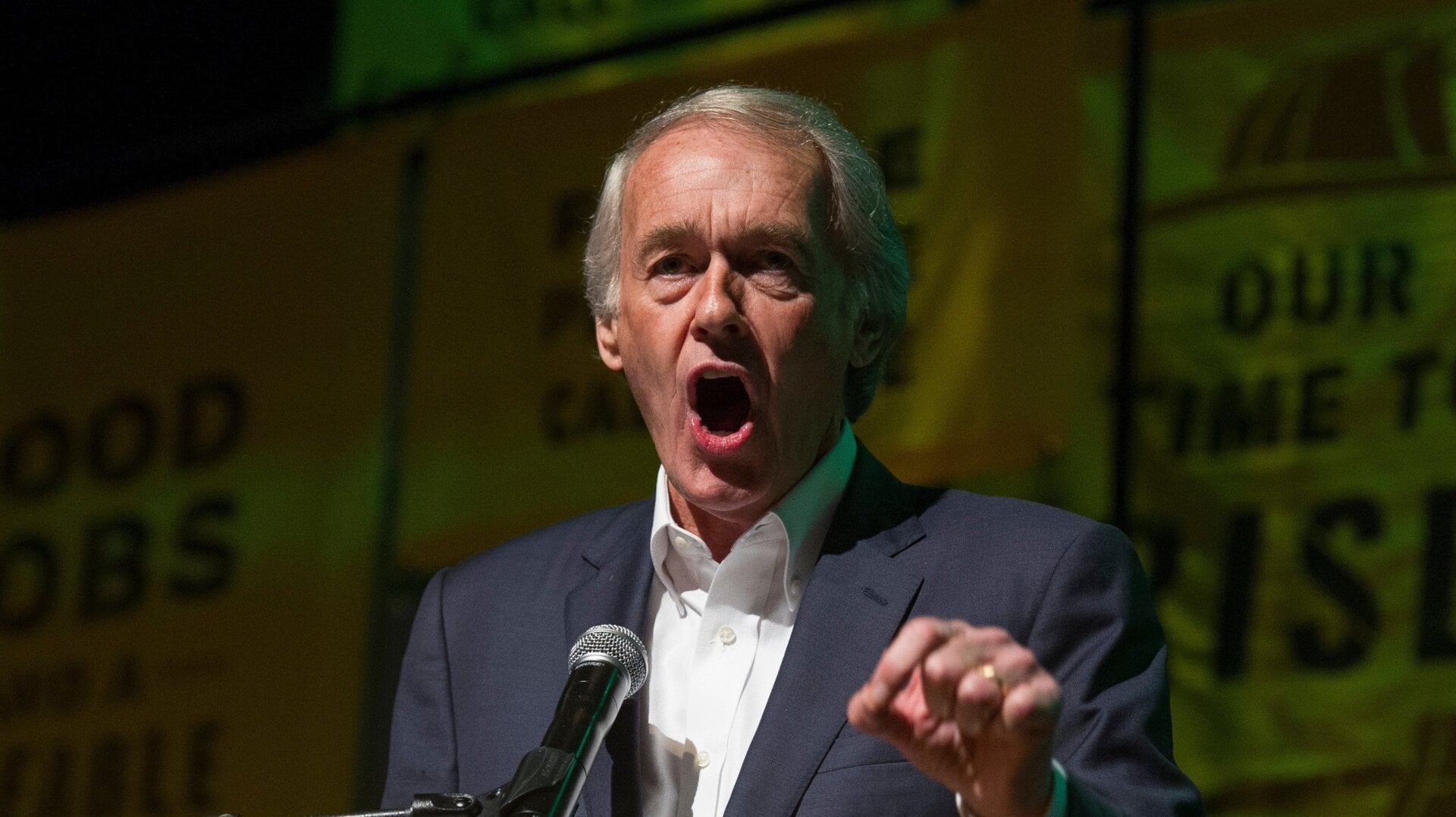 Sen. Ed Markey, D-Mass., addresses The Road to the Green New Deal Tour final event at Howard University in Washington, Monday, May 13, 2019.