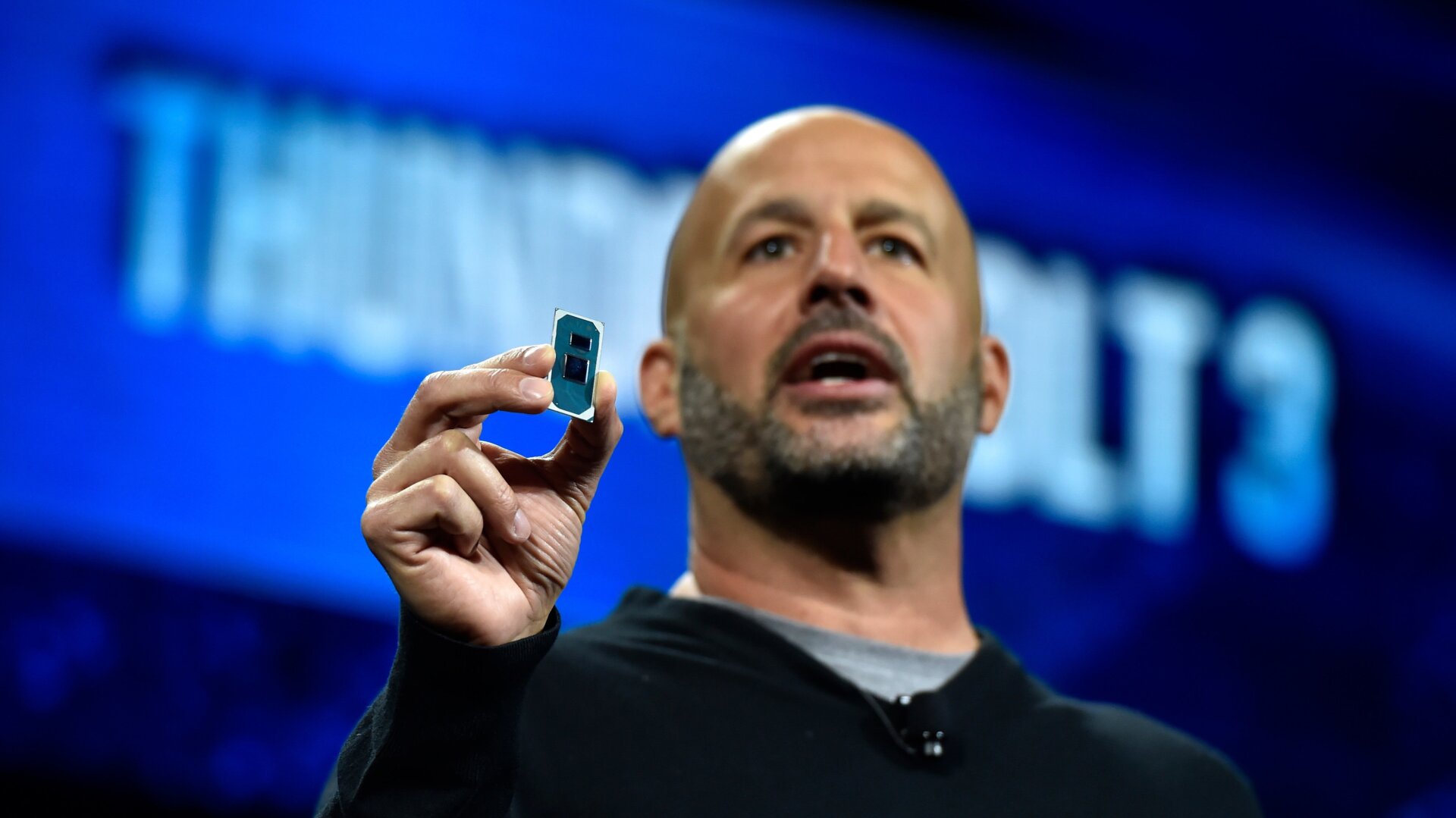 Intel Senior Vice President and General Manager Client Computing Group Gregory Bryant displays an Ice Lake chip during an Intel press event for CES 2019 in Las Vegas.