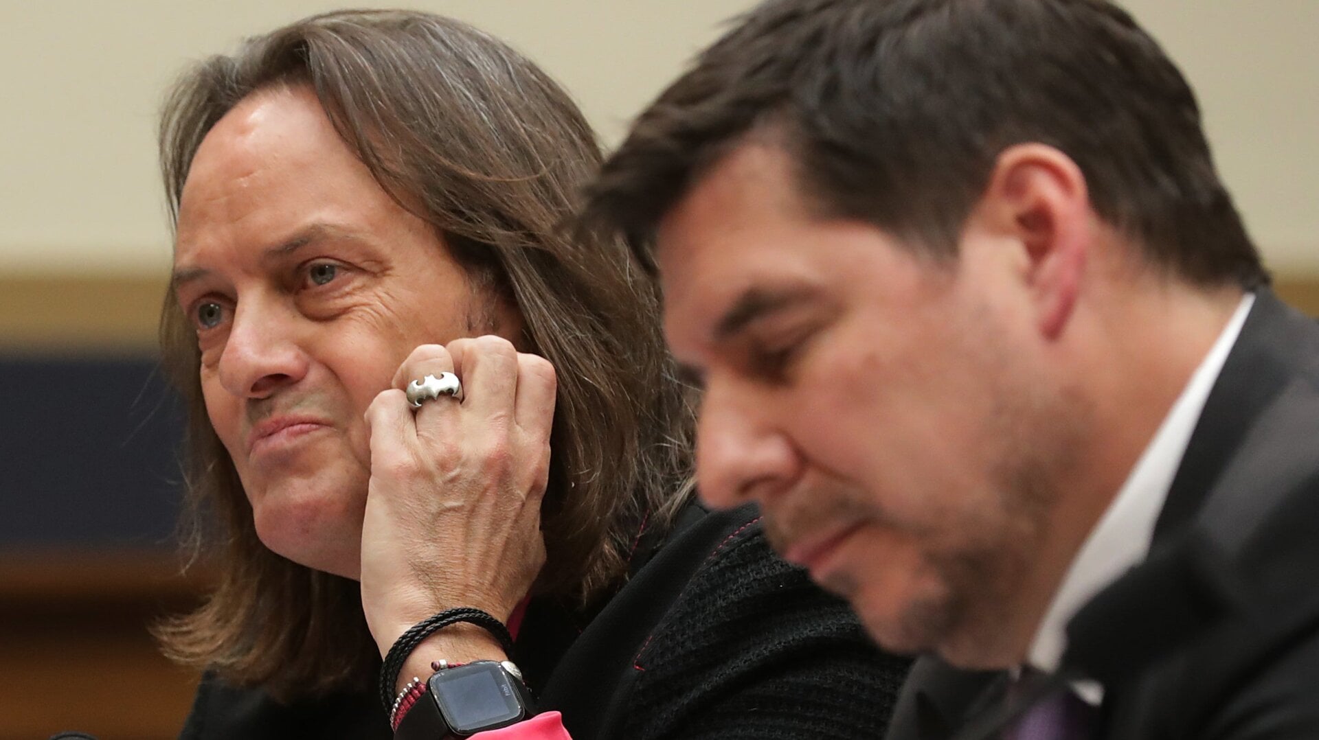 T-Mobile CEO John Legere (L) and Sprint Executive Chairman Marcelo Claure testify before the House Judiciary Committee’s Antitrust, Commercial and Administrative Law Subcommittee in the Rayburn House Office Building on Capitol Hill March 12, 2019 in Washington, DC.