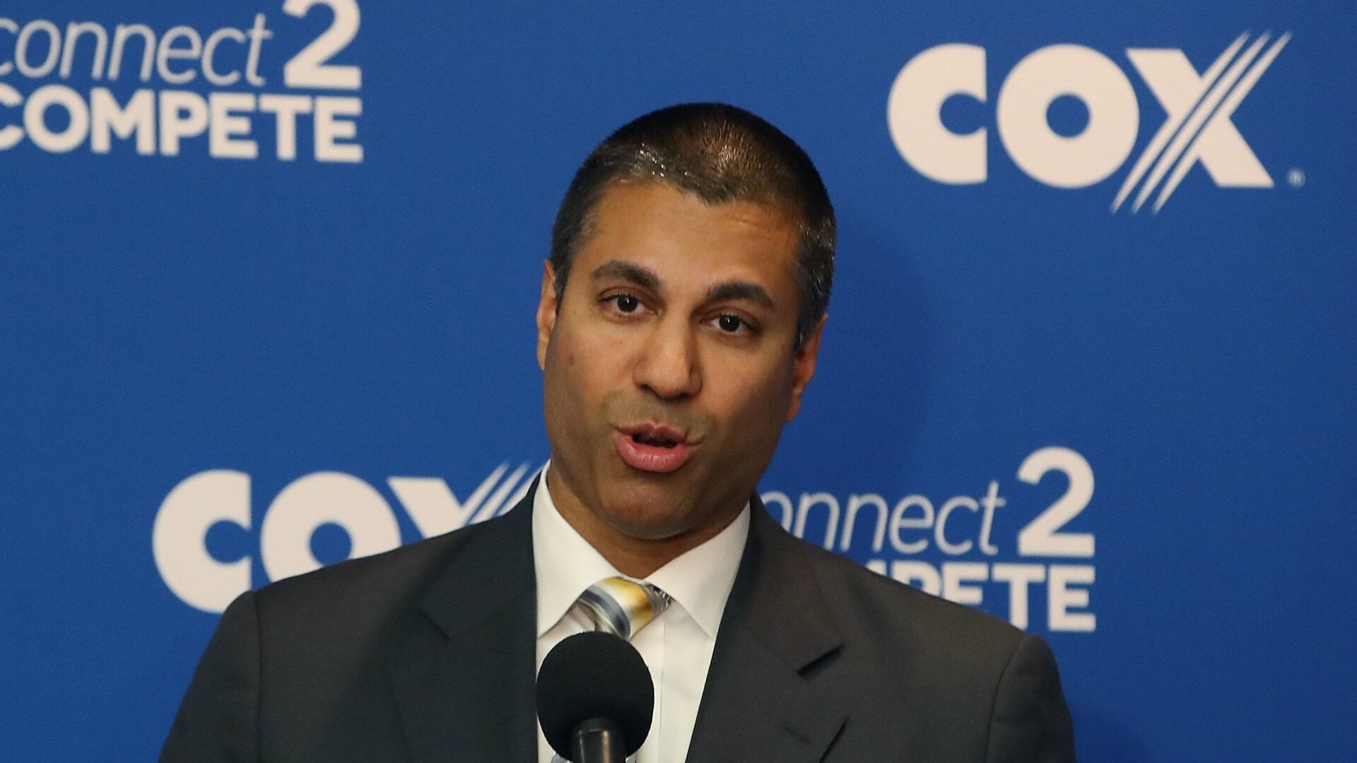 FCC Chairman Ajit Pai speaks during a news conference to unveil Cox Connect2Compete program, at the National Press Club, on October 1, 2018 in Washington, DC.