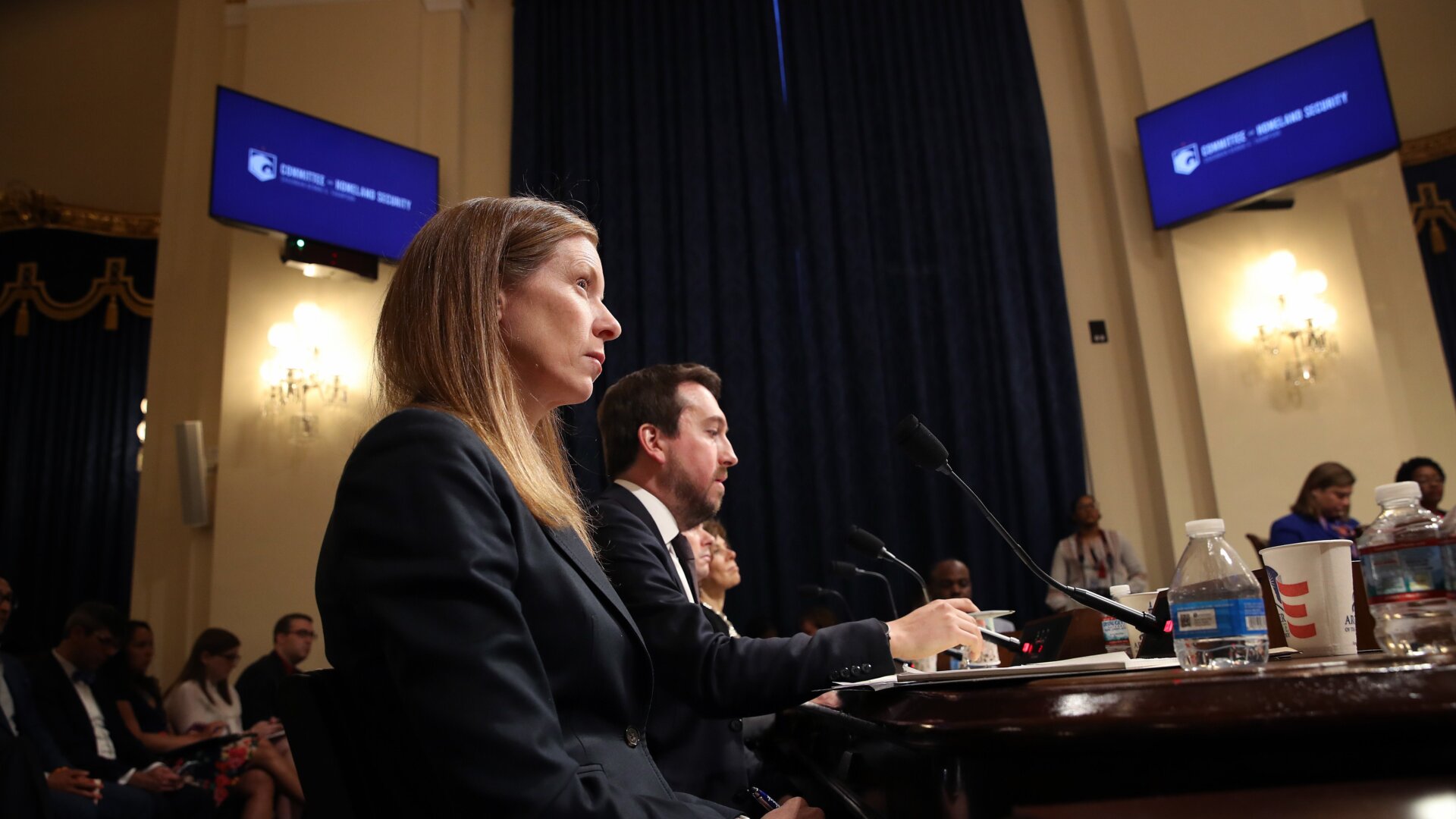 Monika Bickert, head of global policy management at Facebook and Nick Pickles (R), testify before the House Homeland Security Committee June 26, 2019 in Washington, DC.