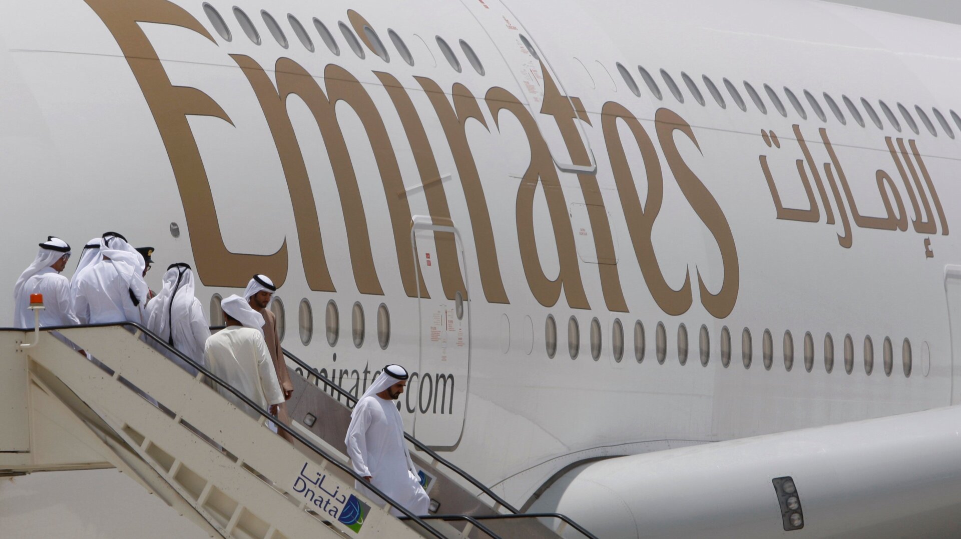 Sheik Mohammed bin Rashid al-Maktoum, ruler of Dubai and vice president and prime minister of the UAE, exiting an Emirates A380 flight in Dubai in 2010.