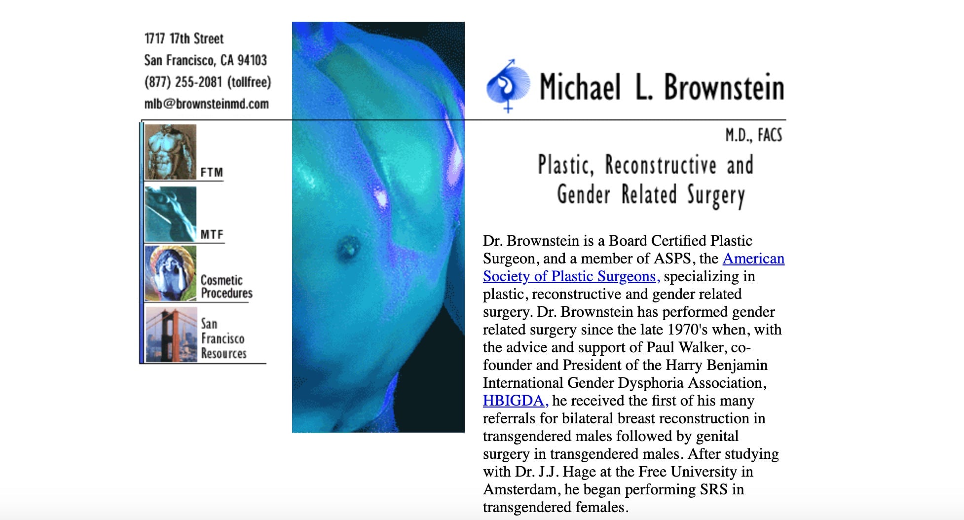 Screenshot: The homepage of Dr. Michael L. Brownstein, circa 2002. Brownstein was, at the time, one of the only doctors practicing surgeries for trans men.
