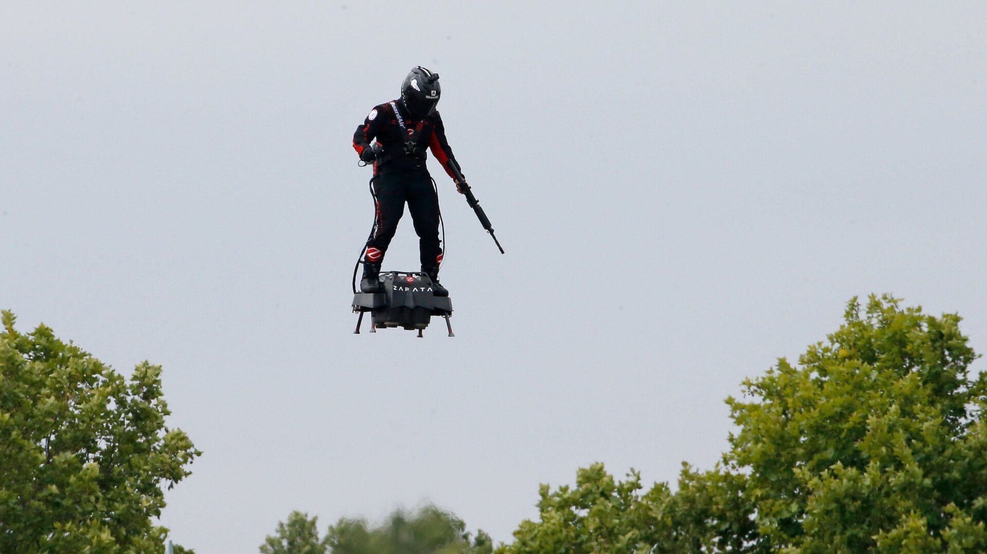 Franky Zapata flying a Flyboard Air during Bastille Day celebrations on July 14, 2019.