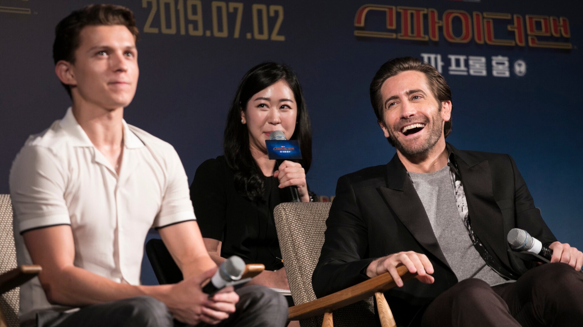 Tom Holland and Jake Gyllenhaal at a fan event in Seoul, South Korea.