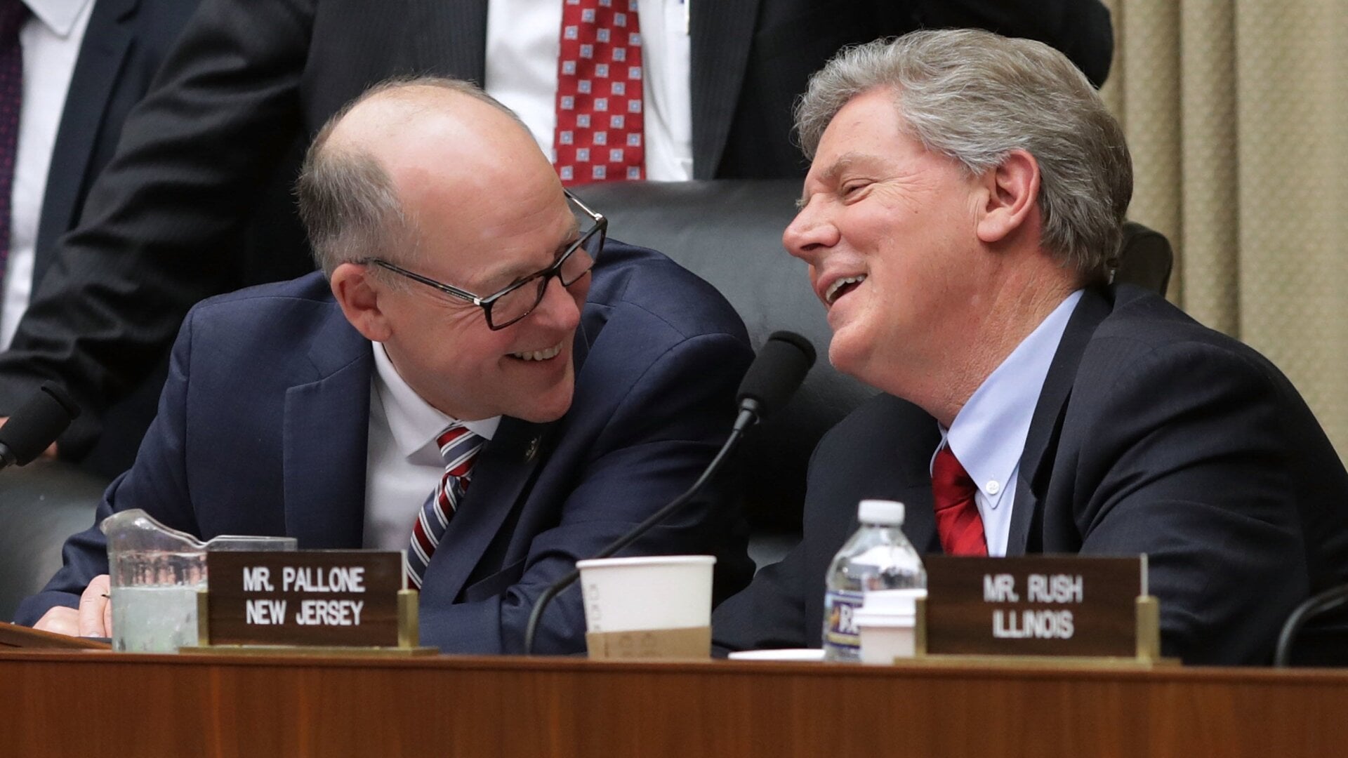 House Energy and Commerce Committee Chairman Greg Walden (R-OR) (L) shares a light moment with ranking member Rep. Frank Pallone (D-NJ) during a markup hearing on Capitol Hill March 8, 2017 in Washington, DC.