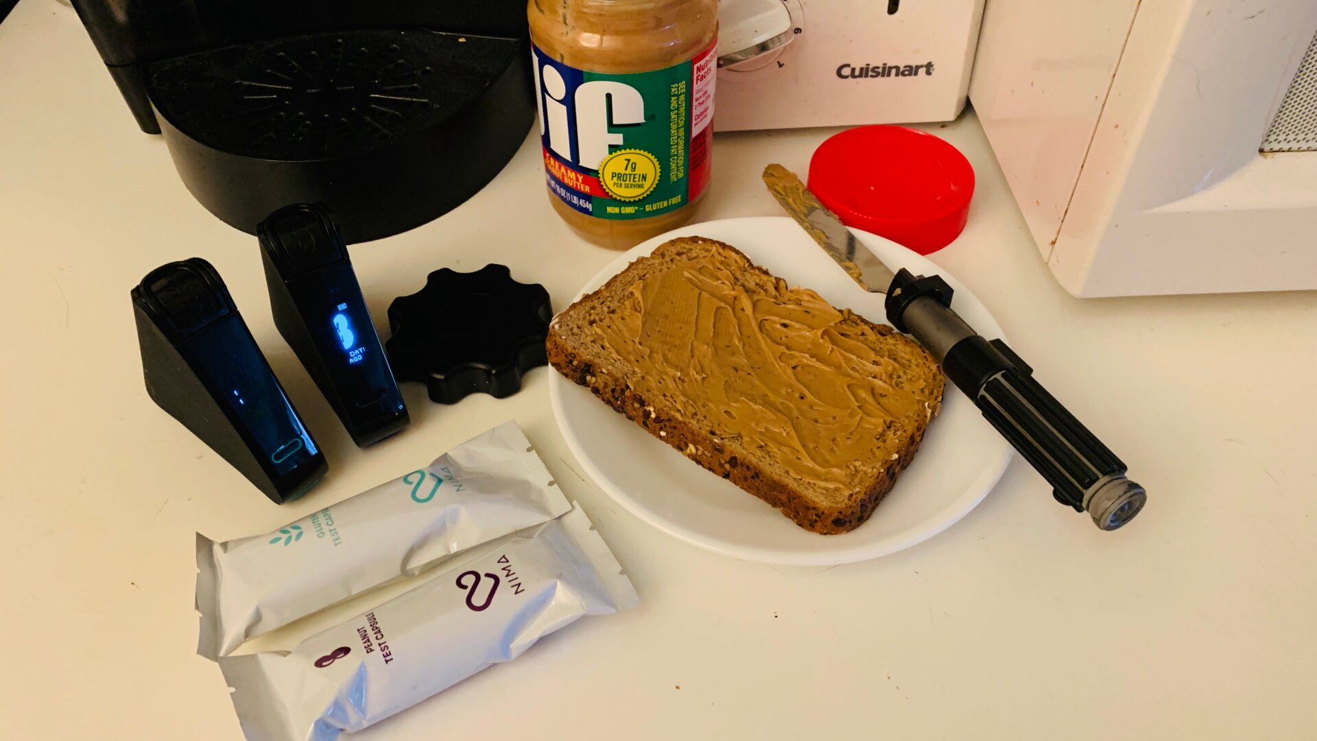 Both Nima sensors correctly detected my peanut butter toast had gluten and peanut. Hooray.