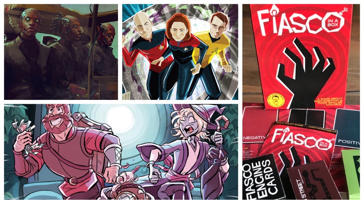 Clockwise from left: Cyberpunk 2077—Afterlife: The Card Game, Star Trek Chrono-Trek, Fiasco, and The Adventure Zone graphic novel.