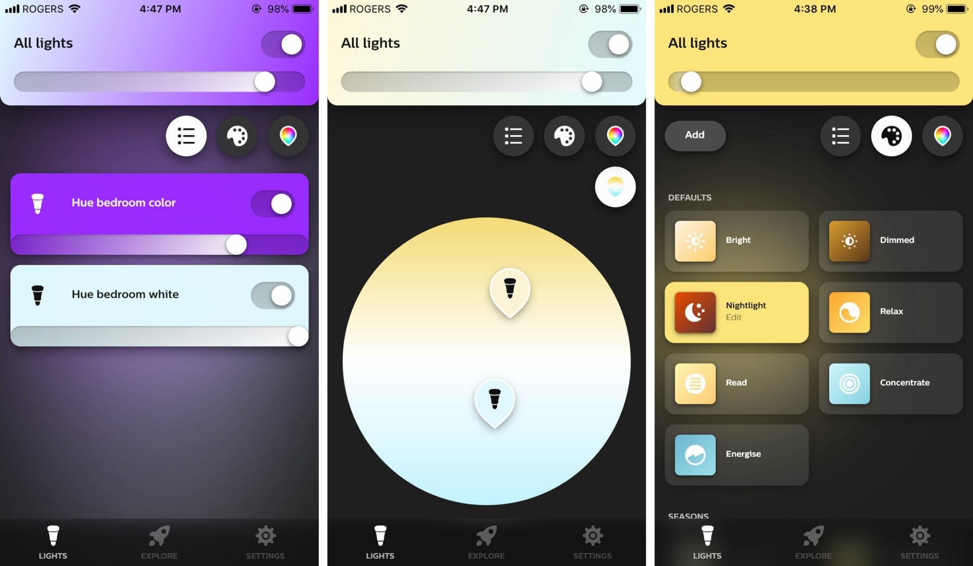 Depending on the type of bulb you have, you can adjust its color or color temperature, or select from pre-defined settings customized for different applications. But you can’t share these settings between devices that control the Bluetooth bulbs