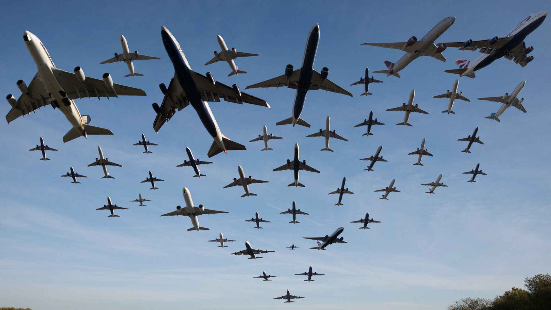 A composite of planes taking off over an hour from Heathrow.