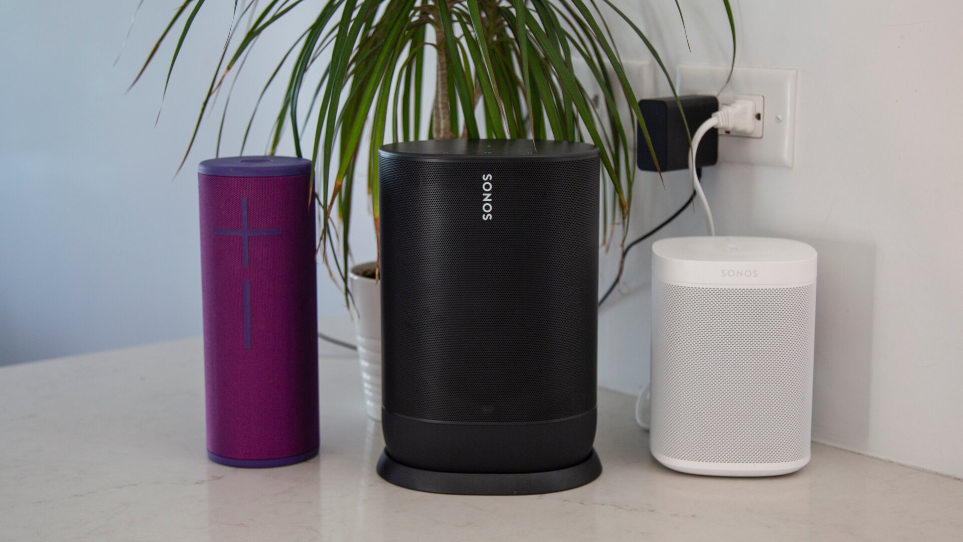 The Megaboom 3 (left), the Sonos Move (center), and the Sonos One (right)