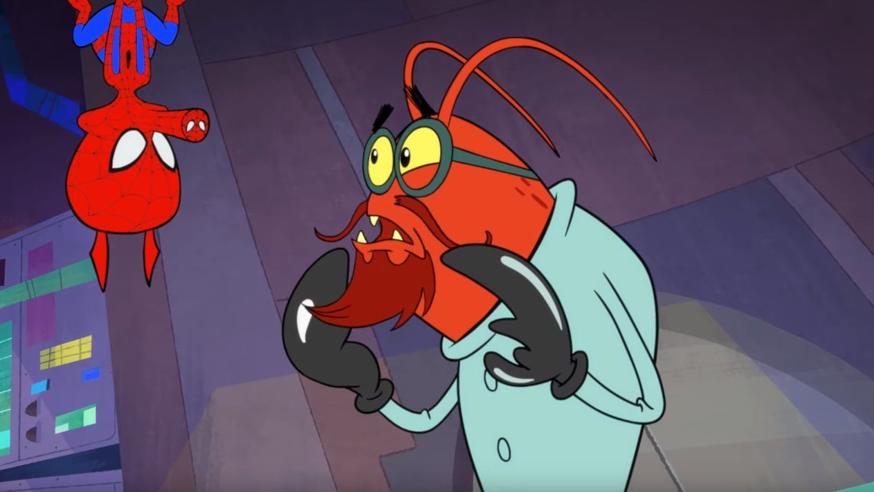 Spider-Ham and a confused enemy.