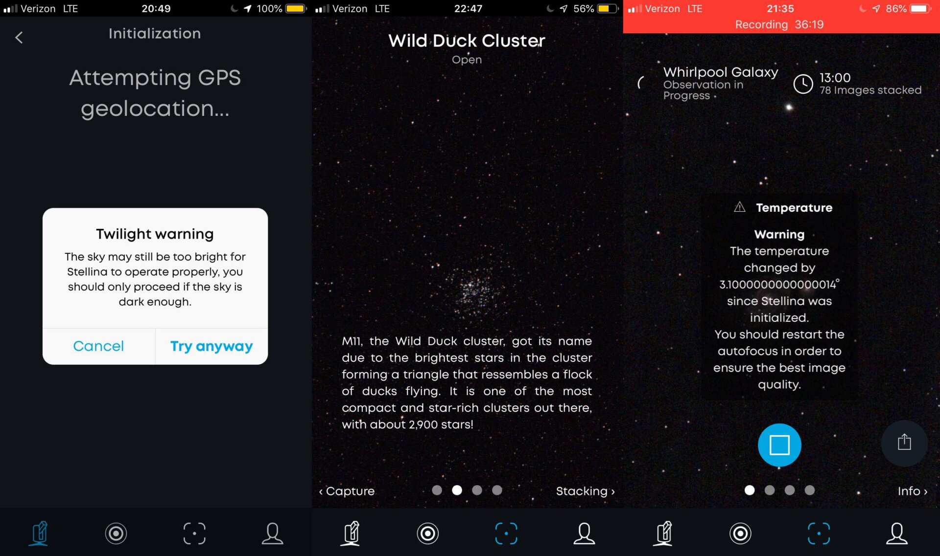Various in-app screens. On the left, a warning while the Stellina initiates letting me know that it might still be too bright out to image the sky. In the center, a description of the Wild Duck Cluster as I was imaging it. On the right, a warning that the temperature changed during my imaging, and that I should re-autofocus to prevent loss of image clarity from small changes to the telescope body. 